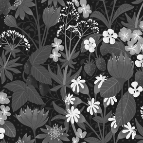 (large) floral forest flowers berries wallpaper black white grey gray