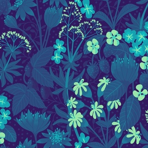 (large) floral forest flowers berries wallpaper blue