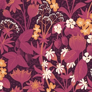 (large) floral forest flowers berries wallpaper red magenta 