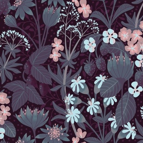 (large) floral forest flowers berries wallpaper grey gray pink