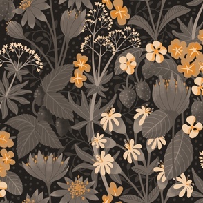 (large) floral forest flowers berries wallpaper grey gray yellow