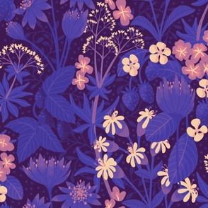 (large) floral forest flowers berries wallpaper blue pink