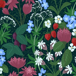 (large) floral forest flowers berries wallpaper green white blue red