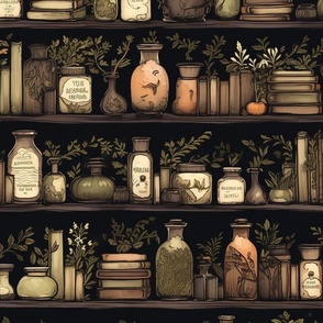 Dark Academia Vintage Book Shelves with Potions
