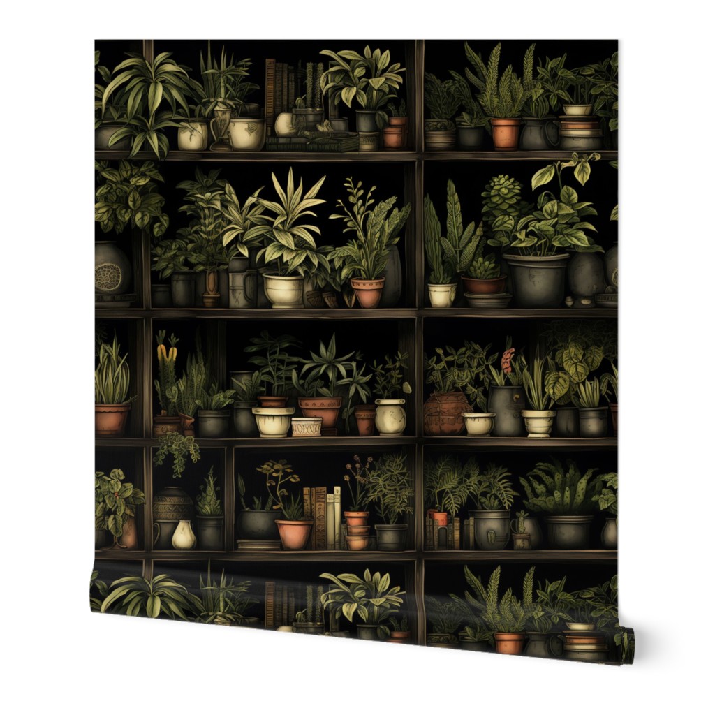 Dark Academia Vintage Book Shelves with Plants