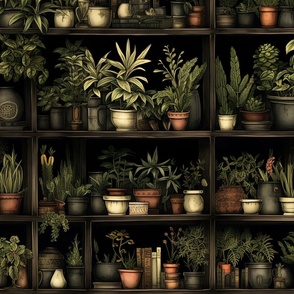 Dark Academia Vintage Book Shelves with Plants