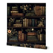 Dark Academia Vintage Book Shelves with Flowers 