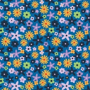 Retro little ditsy flowers winter palette daisies leaves and lilies yellow lilac green navy on classic blue SMALL