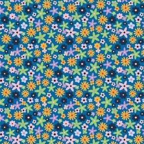 Retro little ditsy flowers winter palette daisies leaves and lilies yellow lilac green navy on classic blue TINY