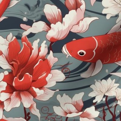 Water lilies with koi in the pond 