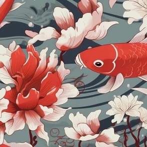 Water lilies with koi in the pond 