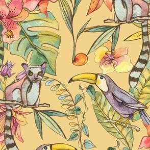 Watercolor tropical birds on yellow