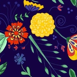 Blooming, Folk art inspired floral, bright colorful tulips, carnations and flowers, red, yellow, blue