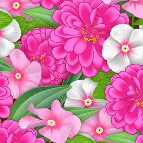 Romantic Zinnia and Impatiens Flowers // Fuchsia, Magenta, Pink, White, Green // JUMBO Scale - 429 DPI