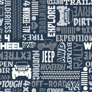 Large Scale 4x4 Adventures Word Cloud Off Road Jeep Vehicles in Grey White Navy