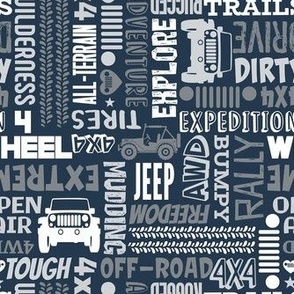 Medium Scale 4x4 Adventures Word Cloud Off Road Jeep Vehicles in Grey White Navy