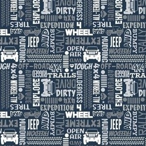 Small Scale 4x4 Adventures Word Cloud Off Road Jeep Vehicles in Grey White Navy