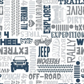 Large Scale 4x4 Adventures Word Cloud Off Road Jeep Vehicles in Grey White Navy