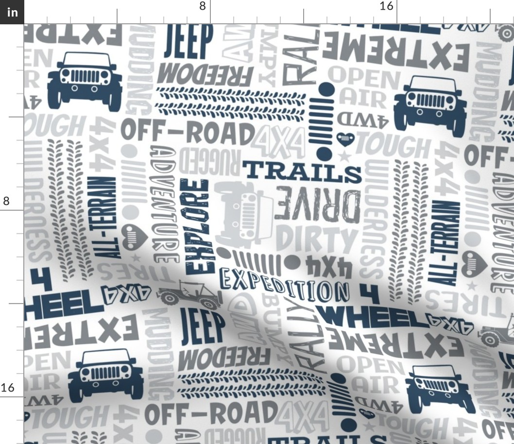 Large Scale 4x4 Adventures Word Cloud Off Road Jeep Vehicles in Grey White Navy