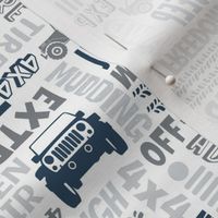 Medium Scale 4x4 Adventures Word Cloud Off Road Jeep Vehicles in Grey White Navy