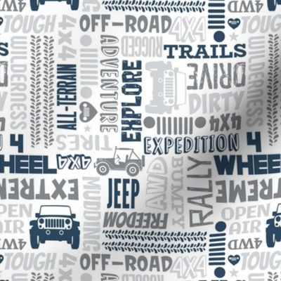 Medium Scale 4x4 Adventures Word Cloud Off Road Jeep Vehicles in Grey White Navy