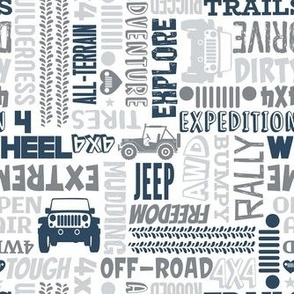 Medium Scale 4x4 Adventures Word Cloud Off Road Jeep Vehicles in Grey White Navy