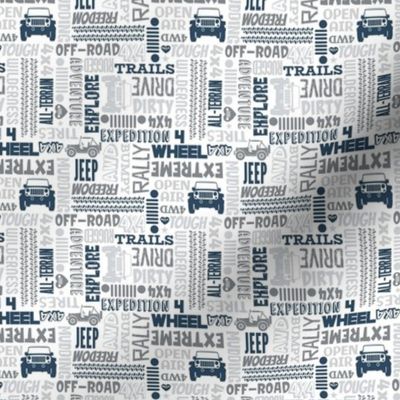 Small Scale 4x4 Adventures Word Cloud Off Road Jeep Vehicles in Grey White Navy