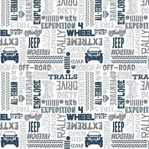 Small Scale 4x4 Adventures Word Cloud Off Road Jeep Vehicles in Grey White Navy