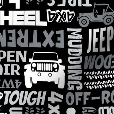 Large Scale 4x4 Adventures Word Cloud Off Road Jeep Vehicles in Grey White Black