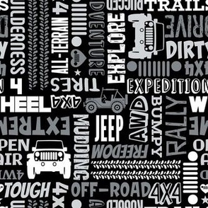 Medium Scale 4x4 Adventures Word Cloud Off Road Jeep Vehicles in Grey White Black