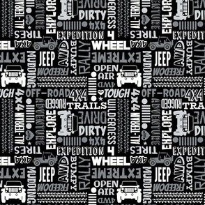 Small Scale 4x4 Adventures Word Cloud Off Road Jeep Vehicles in Grey White Black