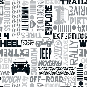 Large Scale 4x4 Adventures Word Cloud Off Road Jeep Vehicles in Black Grey White