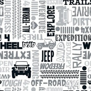 Medium Scale 4x4 Adventures Word Cloud Off Road Jeep Vehicles in Black Grey White