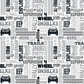Small Scale 4x4 Adventures Word Cloud Off Road Jeep Vehicles in Black Grey White