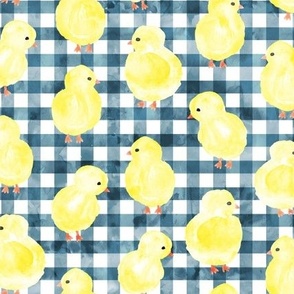 Chicks on teal gingham check - plaid spring easter - LAD23