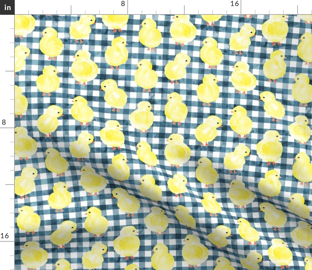 Chicks on teal gingham check - plaid spring easter - LAD23