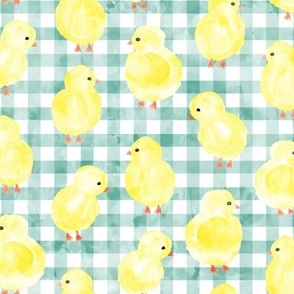 Chicks on green gingham check - plaid spring easter - LAD23