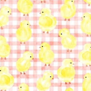 Chicks on pink  gingham check - plaid spring easter - LAD23