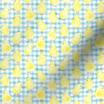 (small scale) Chicks on blue  gingham check - plaid spring easter - LAD23