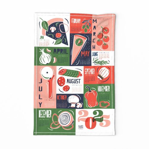 Pizza Party 2025 Calendar Tea Towel and Wall Hanging - Pink Green