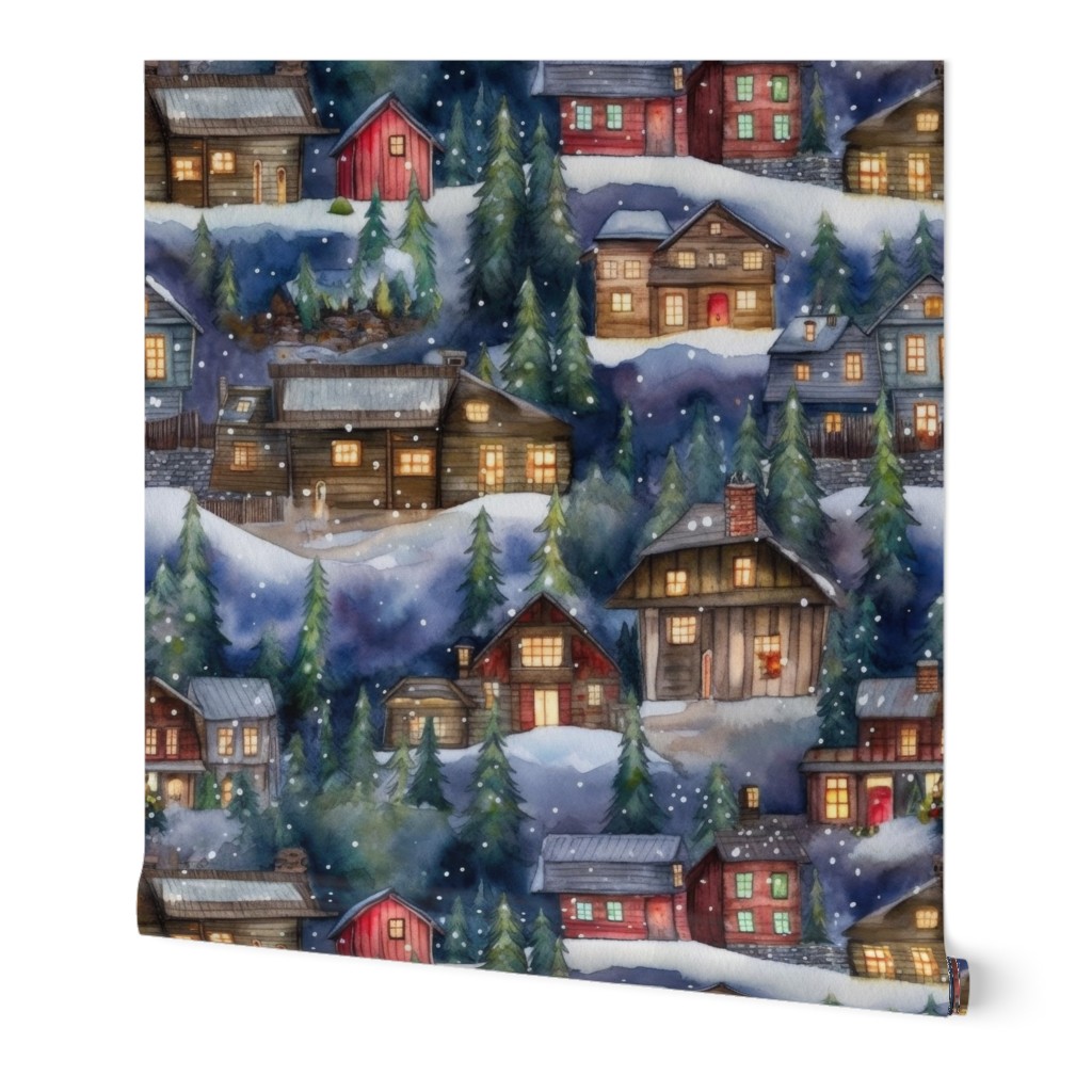 Large Christmas Christmas Rustic Village Winter Cabins Watercolor