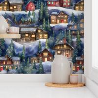 Large Christmas Christmas Rustic Village Winter Cabins Watercolor