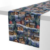 Small Christmas Christmas Rustic Village Winter Cabins Watercolor