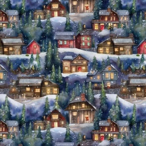 Small Christmas Christmas Rustic Village Winter Cabins Watercolor