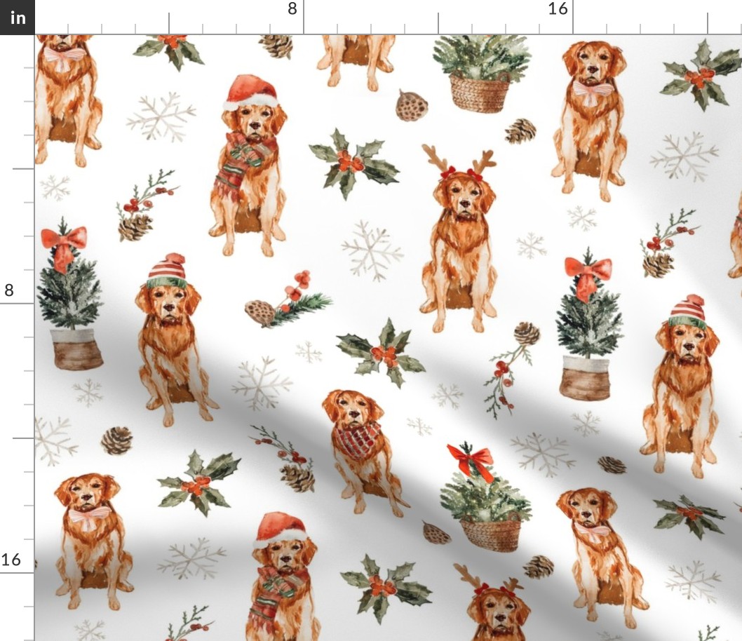 Christmas Golden Retrievers 14x14 {White} Watercolor Winter Holiday Dogs Large Scale