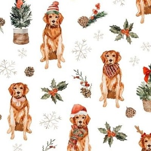 Christmas Golden Retrievers 9x9 {White} Watercolor Winter Holiday Dogs