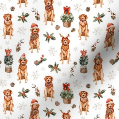 Christmas Golden Retrievers 5x5 {White} Watercolor Winter Holiday Dogs Small Scale