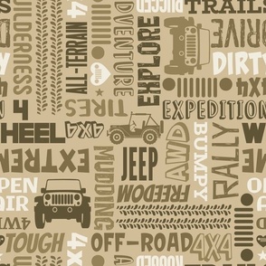 Large Scale 4x4 Adventures Word Cloud Off Road Jeep Vehicles Tan and Brown
