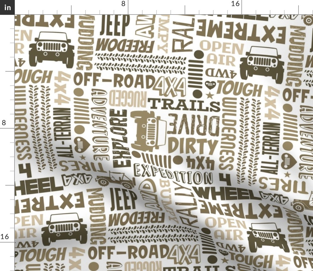 Large Scale 4x4 Adventures Word Cloud Off Road Jeep Vehicles Tan and Brown