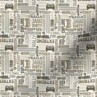 Small Scale 4x4 Adventures Word Cloud Off Road Jeep Vehicles Tan and Brown
